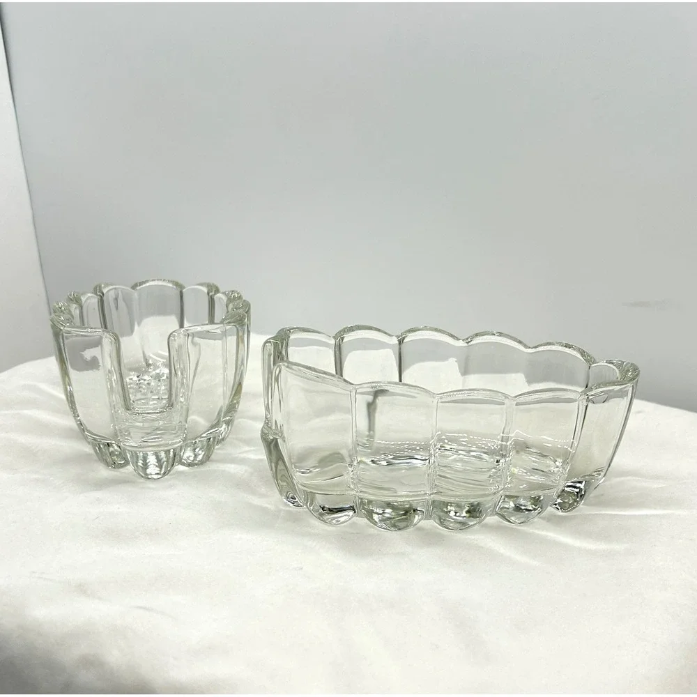 Vintage Clear Scalloped Ribbed Glass Condiment Serving Dishes Set of 2